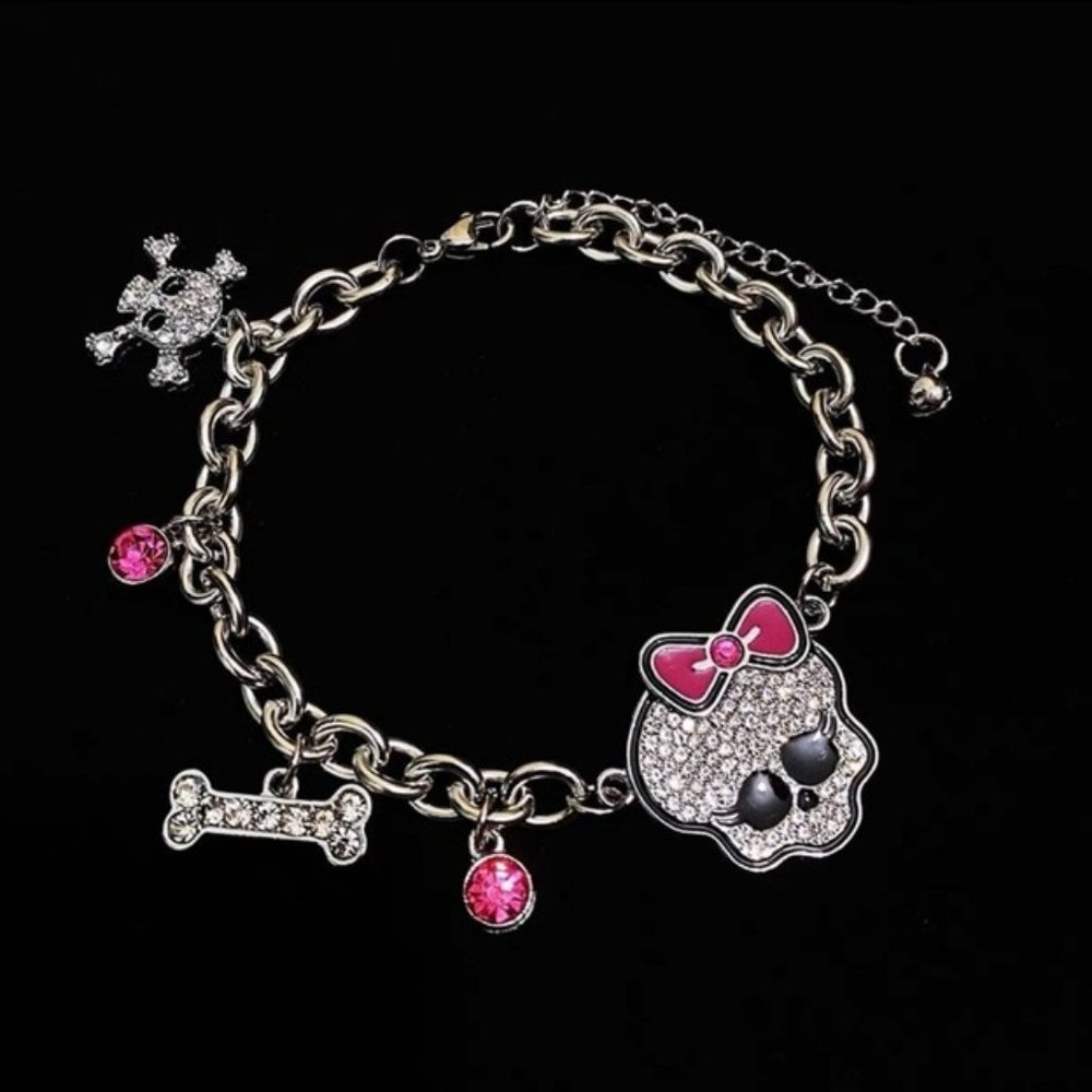 Women's Monster High Skull Bracelet Rhinestone Charms Pink Bow Skull Bones
